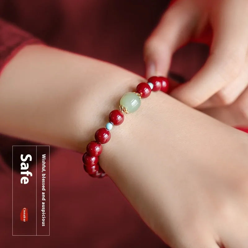Purple Gold Sand Cinnabar and Hetian Jade unisex bracelet with geometric ellipse beads.