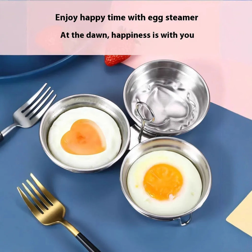 Mini stainless steel egg steamer in heart-shaped and round designs for household kitchen use.