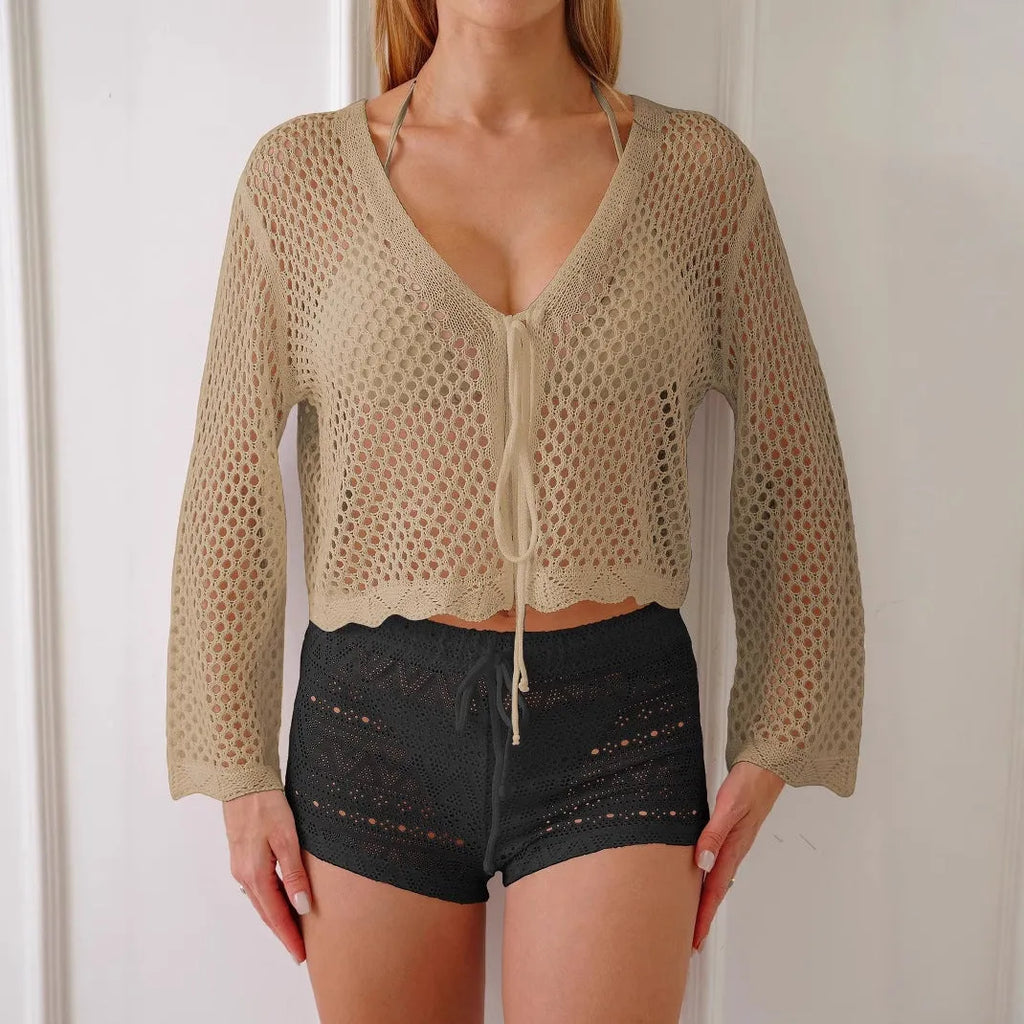 Women's hollow woven cardigan blouse with bell sleeves in apricot colour