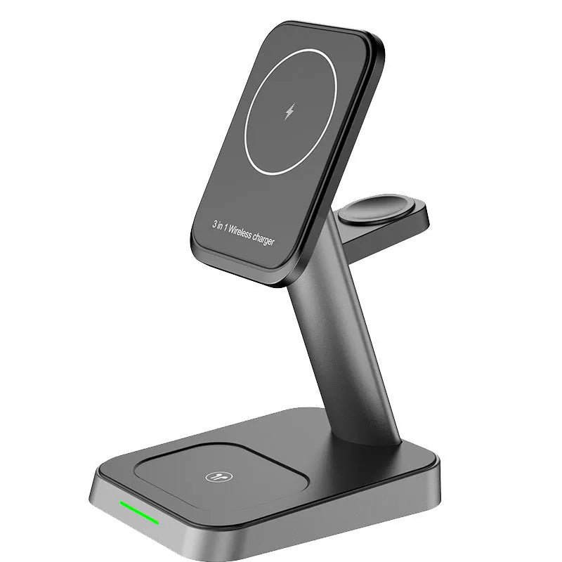 Black vertical three-in-one wireless charging station with 10000mAh power capacity