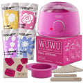 27-piece hair removal wax kit showing four coloured wax beads, wax warmer machine, and applicator sticks