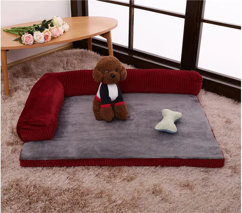 Corduroy pet dog bed sofa with removable cover in a grey colour, shown in a living room setting.