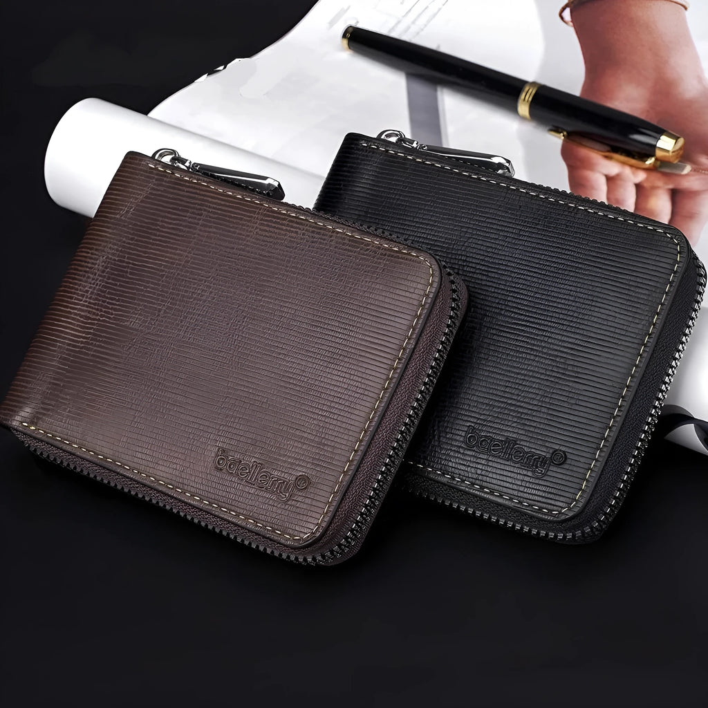 Black leather credit card wallet with anti-theft zipper and embossed pattern