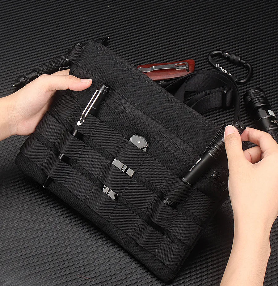 Black Oxford cloth portable military kit pouch with dimensions 18cm by 3.5cm