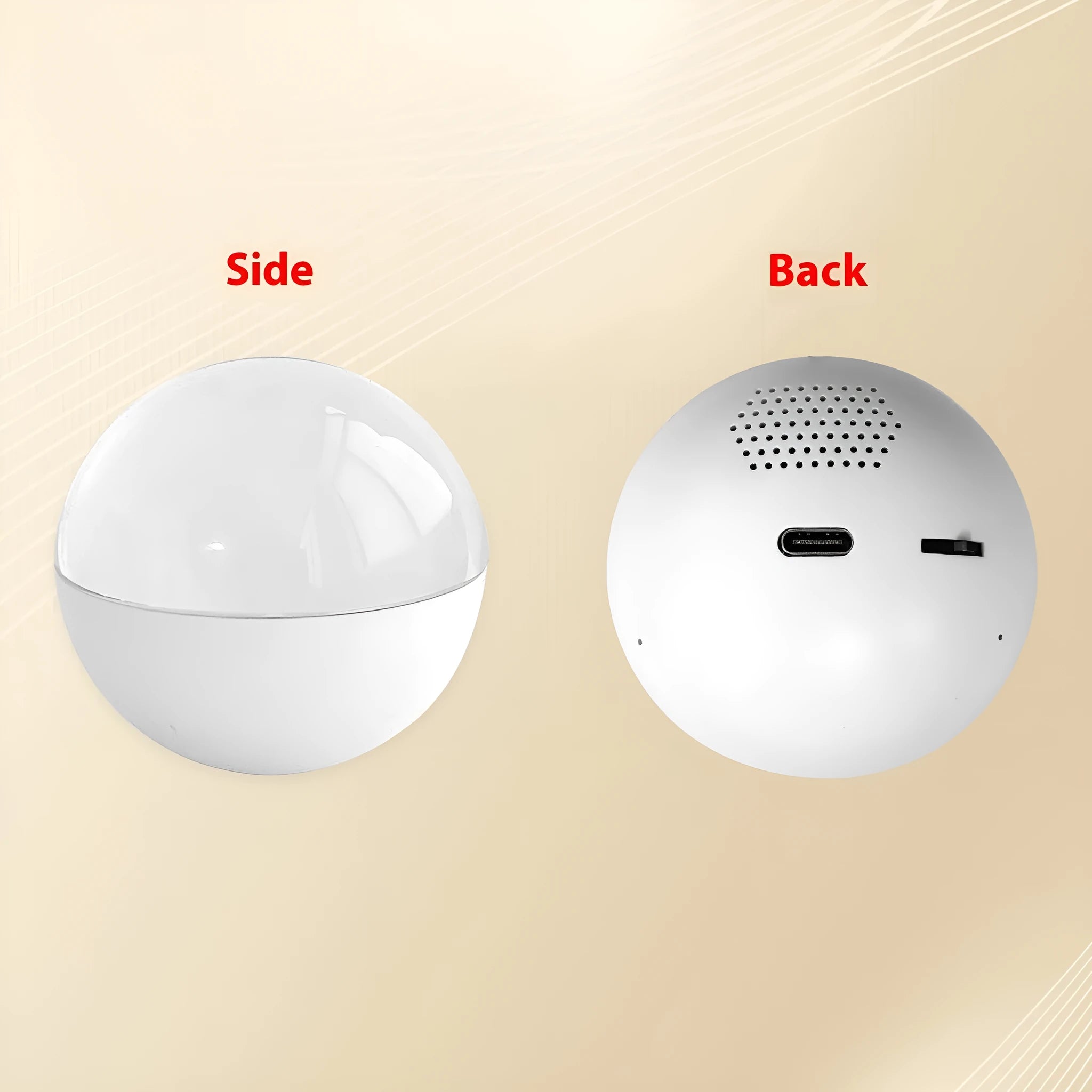 Spherical electronic ball video player with a round screen, shown in orange, blue, white, pink, and black colour options.