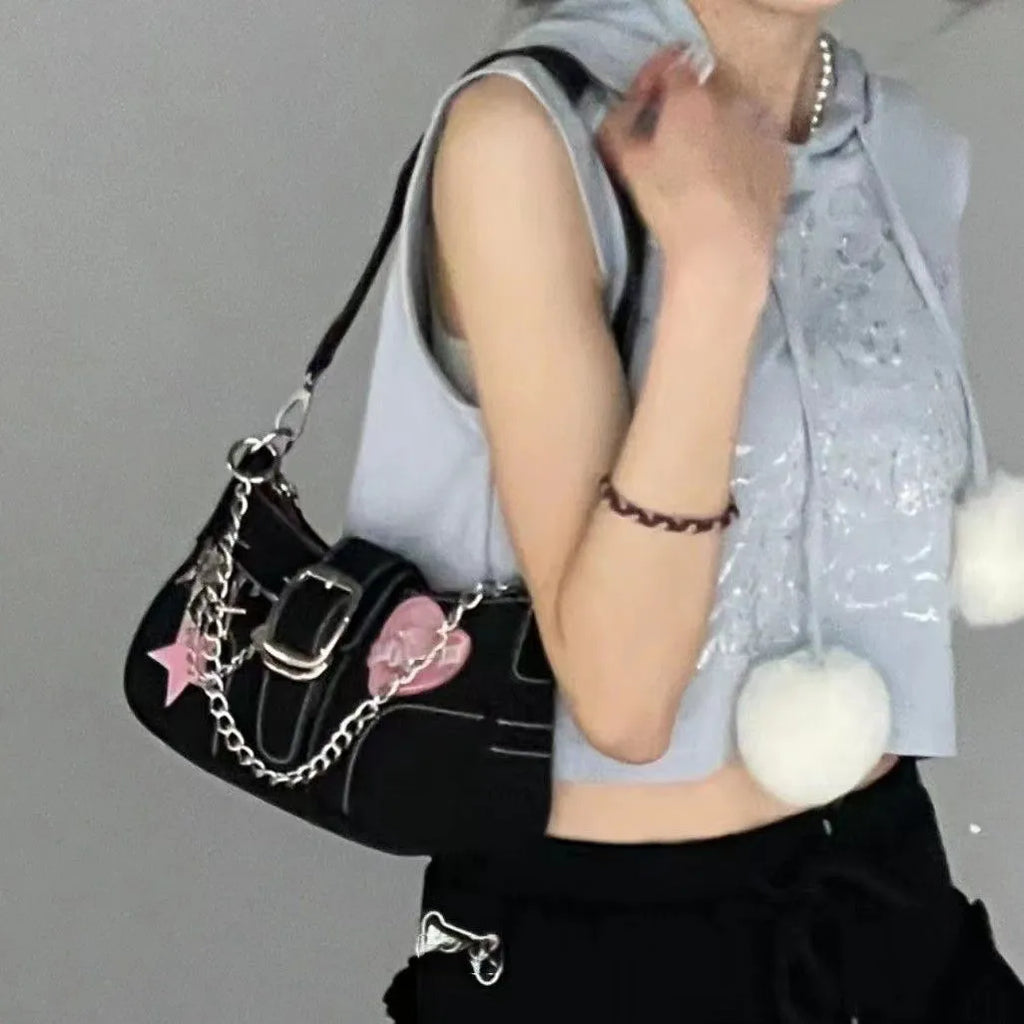 Black PU Y2k heart butterfly shoulder bag with bow stitching chain and zipper buckle in 25cm size