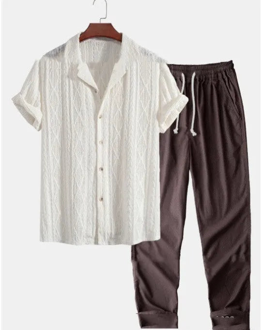 Men's loose blue short sleeve shirt and matching trousers casual summer suit