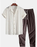 Men's loose blue short sleeve shirt and matching trousers casual summer suit