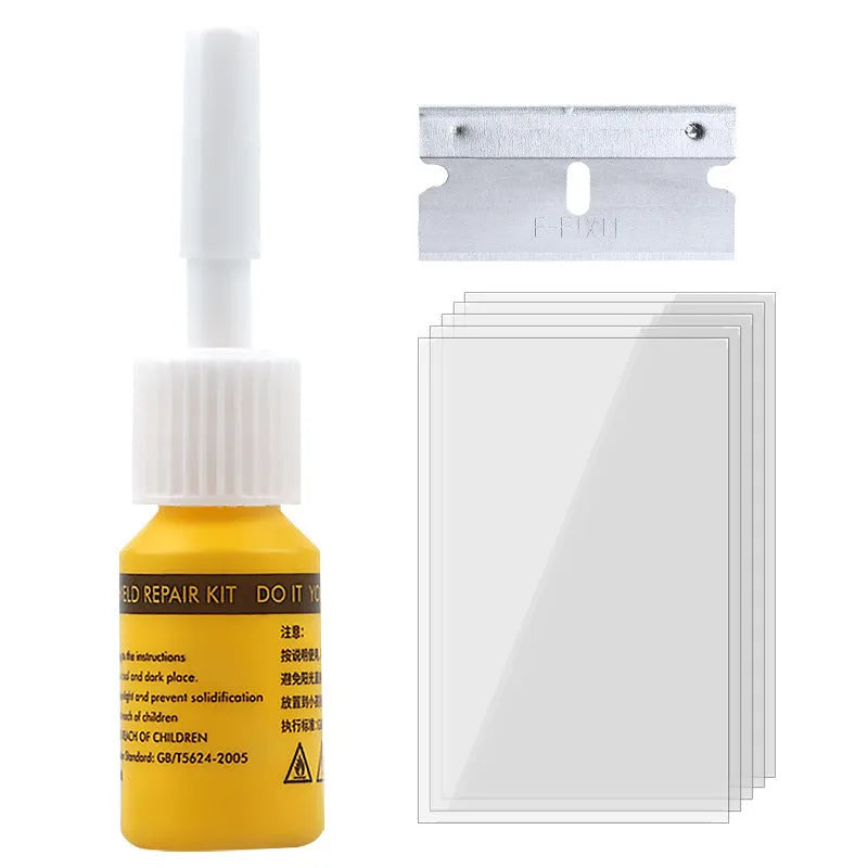 Yellow three-piece car windscreen repair kit with glass repair liquid and application tools
