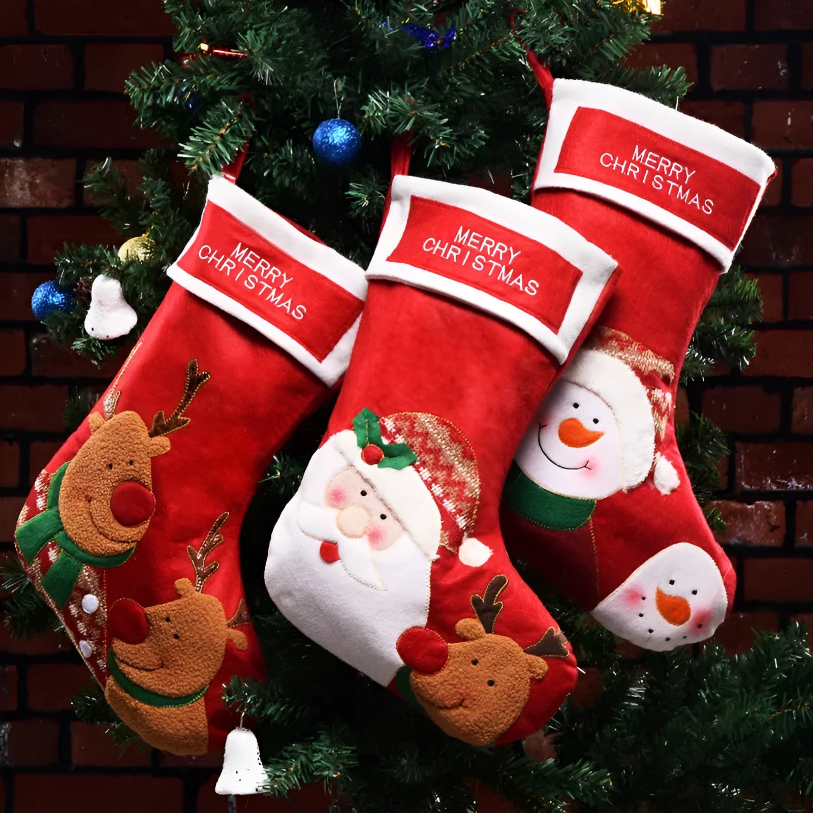 Handmade non-woven Christmas candy stocking with elk, snowman, and grandfather designs