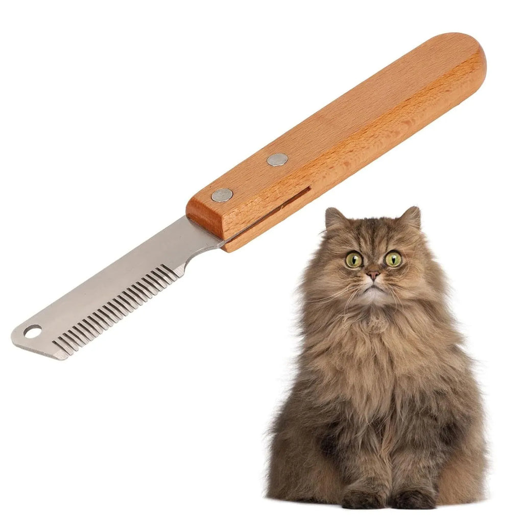 Wood handle pet stripping comb for grooming cats and dogs with metal fittings