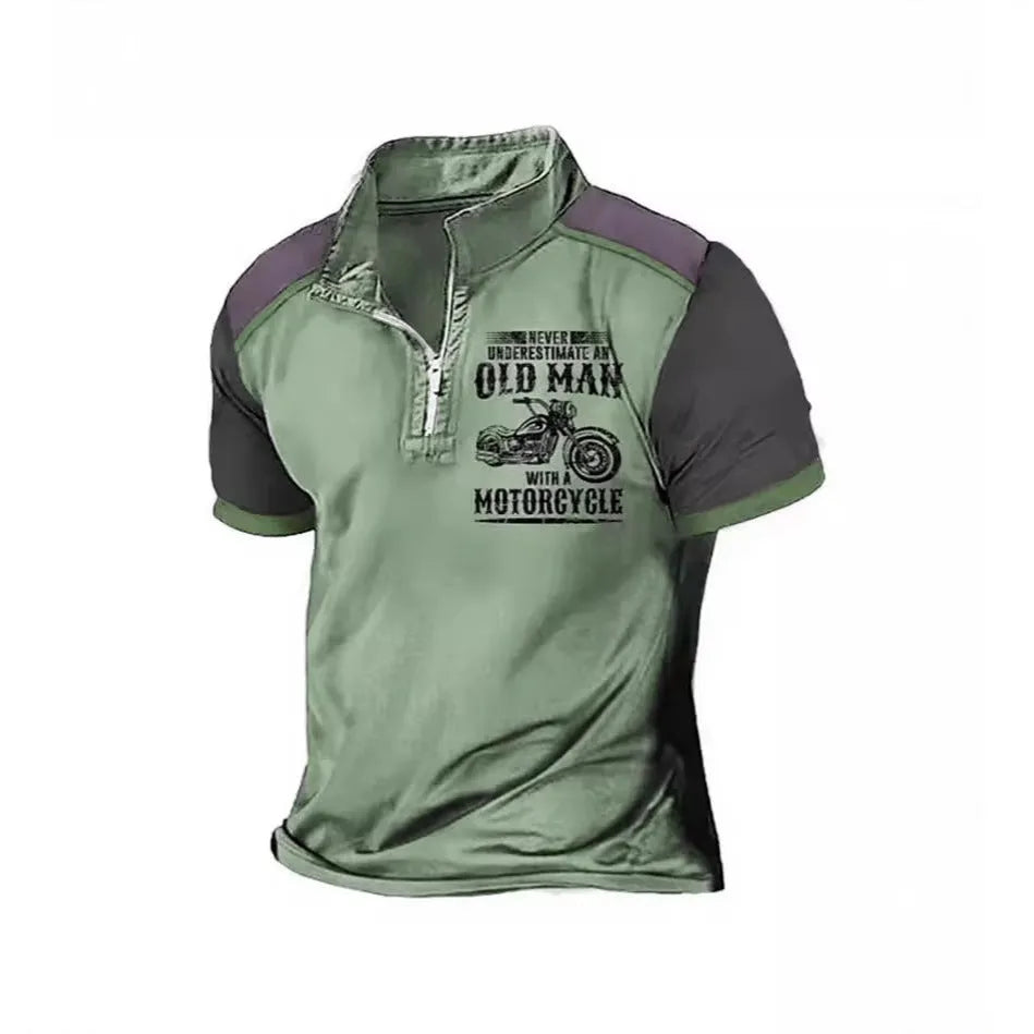 Men's short-sleeve polo shirt with lapel collar, digital letter pattern, and zipper decoration details.