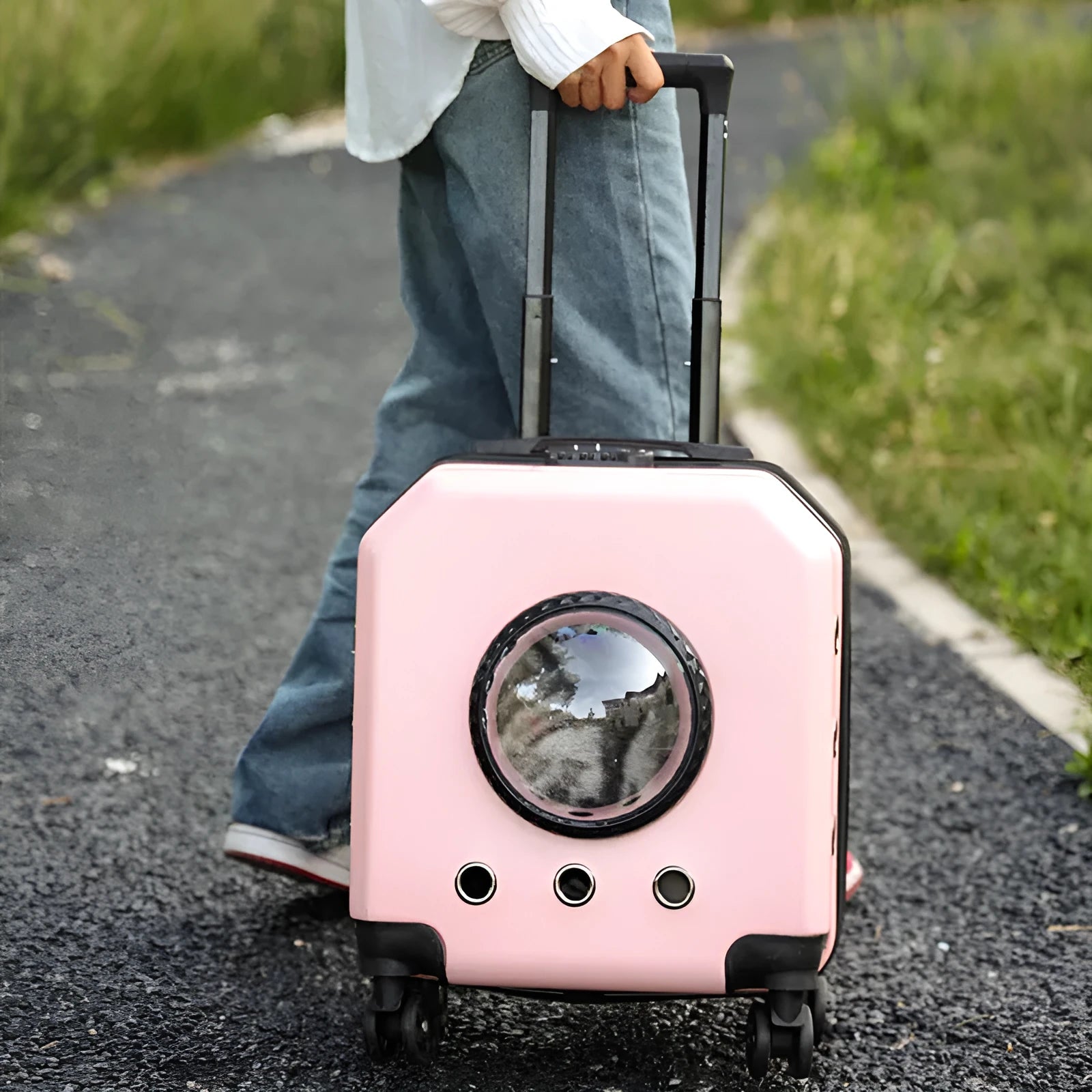 Hard-sided pink PVC pet trolley case with wheels and a luggage compartment.