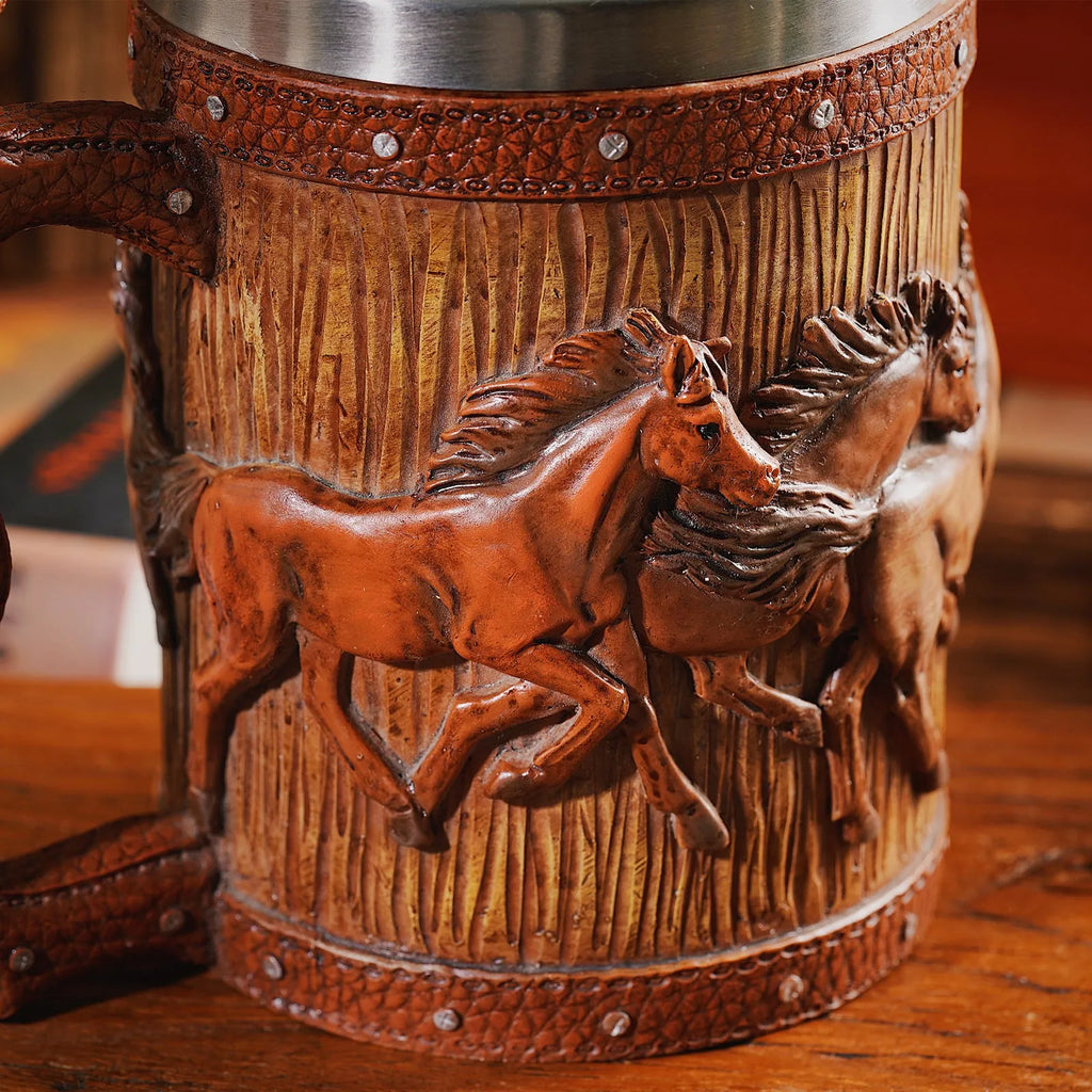 Brown simulation wooden barrel resin beer mug with horse design, 600ml capacity, on table