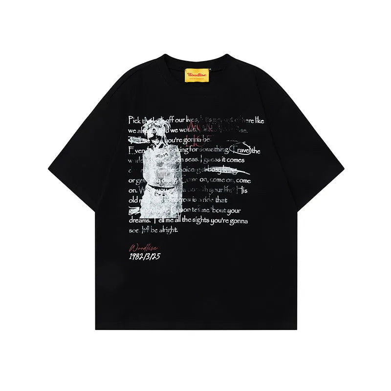 Men's black pure cotton hip hop style t-shirt with white printed letters and loose fit design