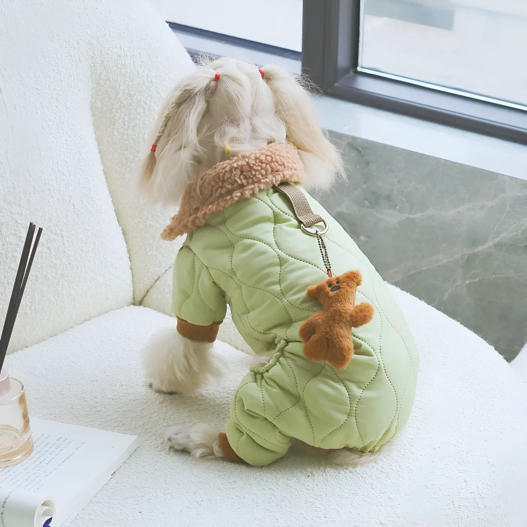 Light green cotton pet clothing with extra thick band and hanging strap toy bear, sizes XS to XXL