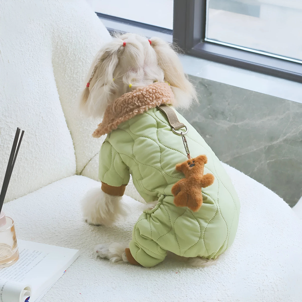 Light green cotton pet clothing with extra thick band and hanging strap toy bear, sizes XS to XXL