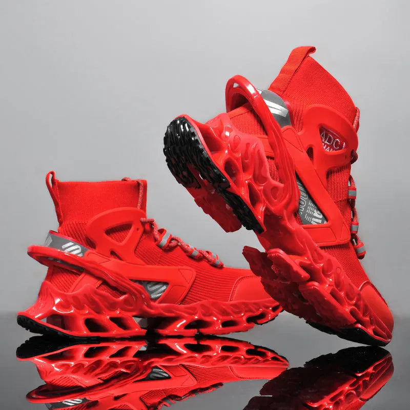 Ultra-light shock-absorbing running blade flyknit sneakers for men, black mid-top lace-up sports shoes with TPU TPR sole