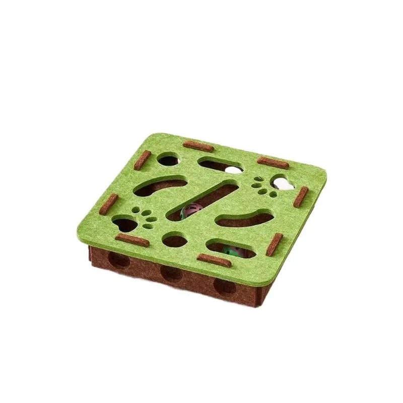 Square felt cat toy box with centre hole in green brown colour