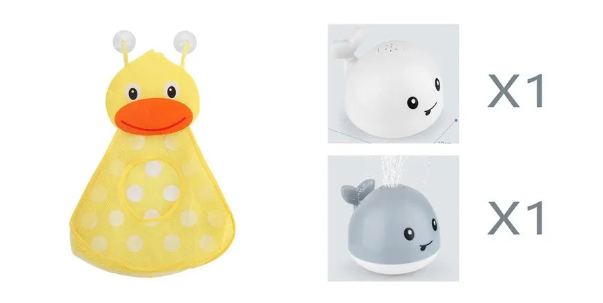 White and blue whale bath toy spraying water with LED lights illuminated