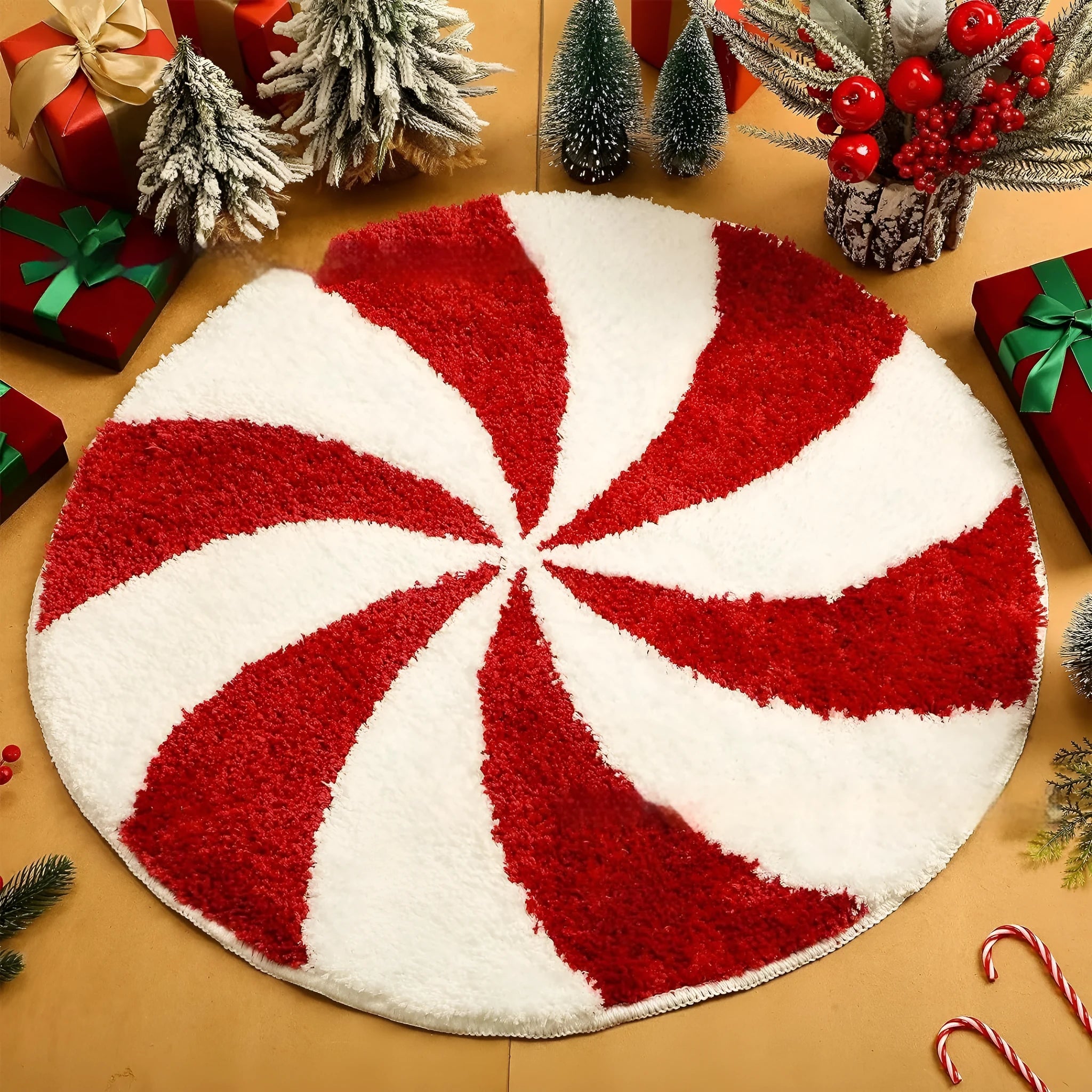 Round red and green Christmas pattern carpet on a wooden floor.