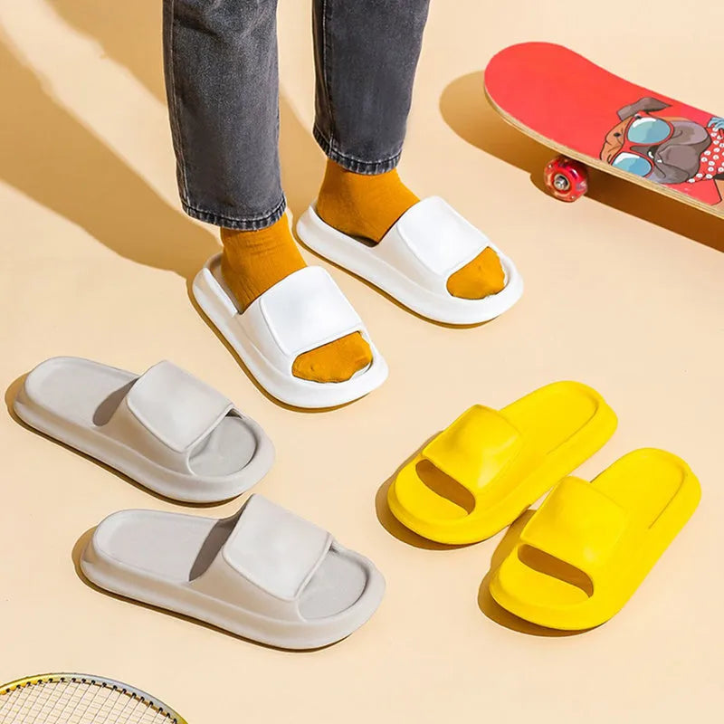 Unisex thick-soled EVA flip-flop slippers in multiple colours on a white background.