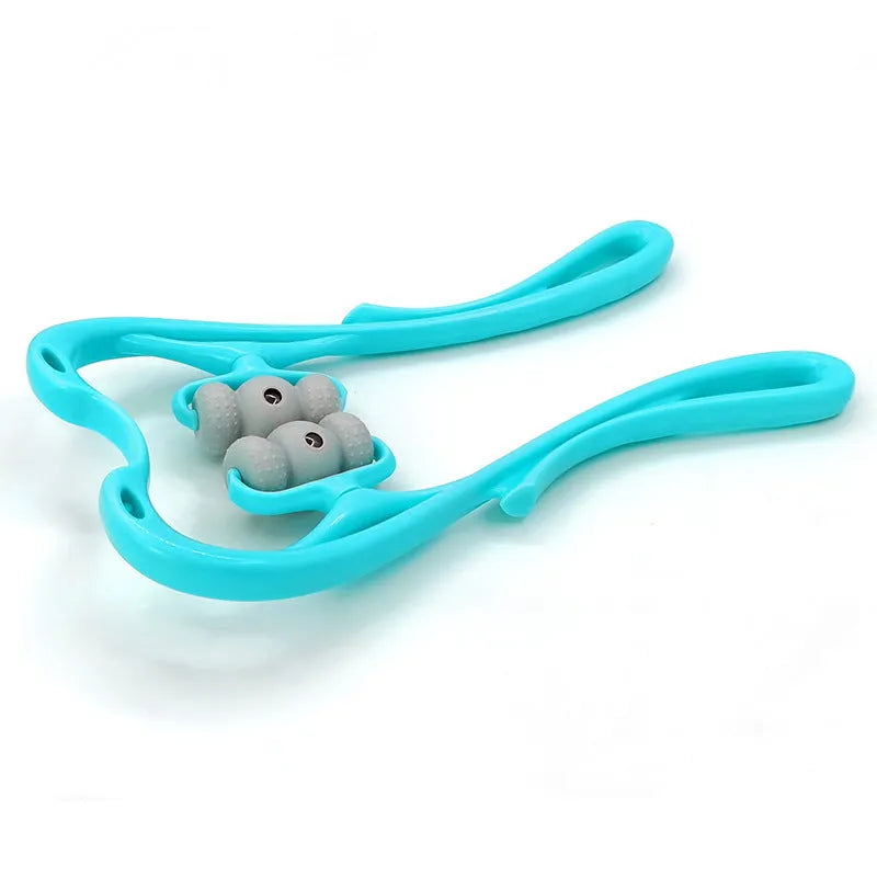 Blue neck massager with 360 degree roller and 96 acupoint nodes for deep tissue pain relief on neck and shoulders