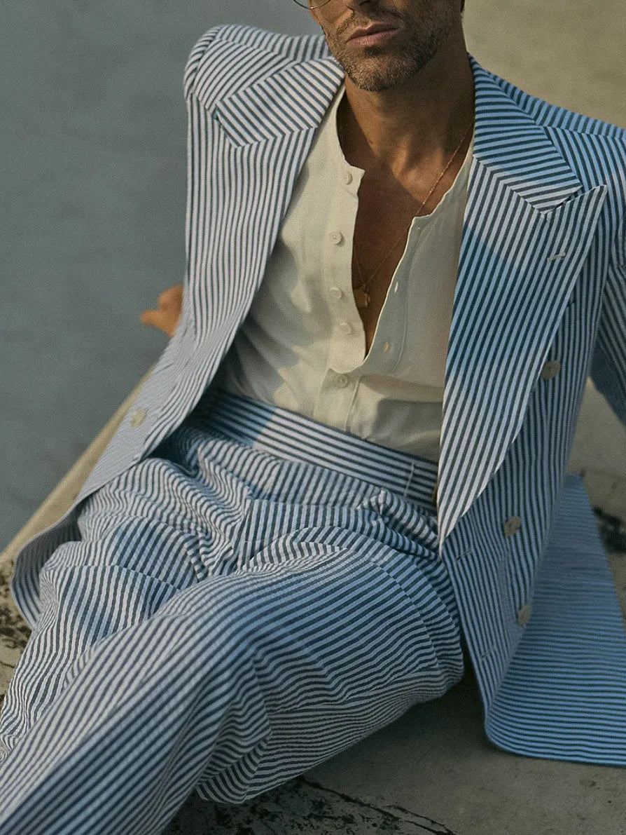 Blue and white striped women's polyester suit set with blazer and trousers
