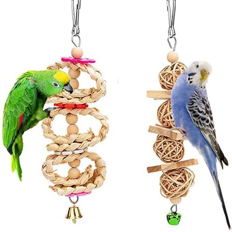 8-piece wooden parrot bite toy set with log, swing, ring, bell and string elements for small and medium birds
