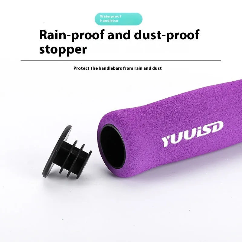 Pair of ultra-light 41g soft sponge mountain bike handlebar grips in black, purple, and biange colour options.