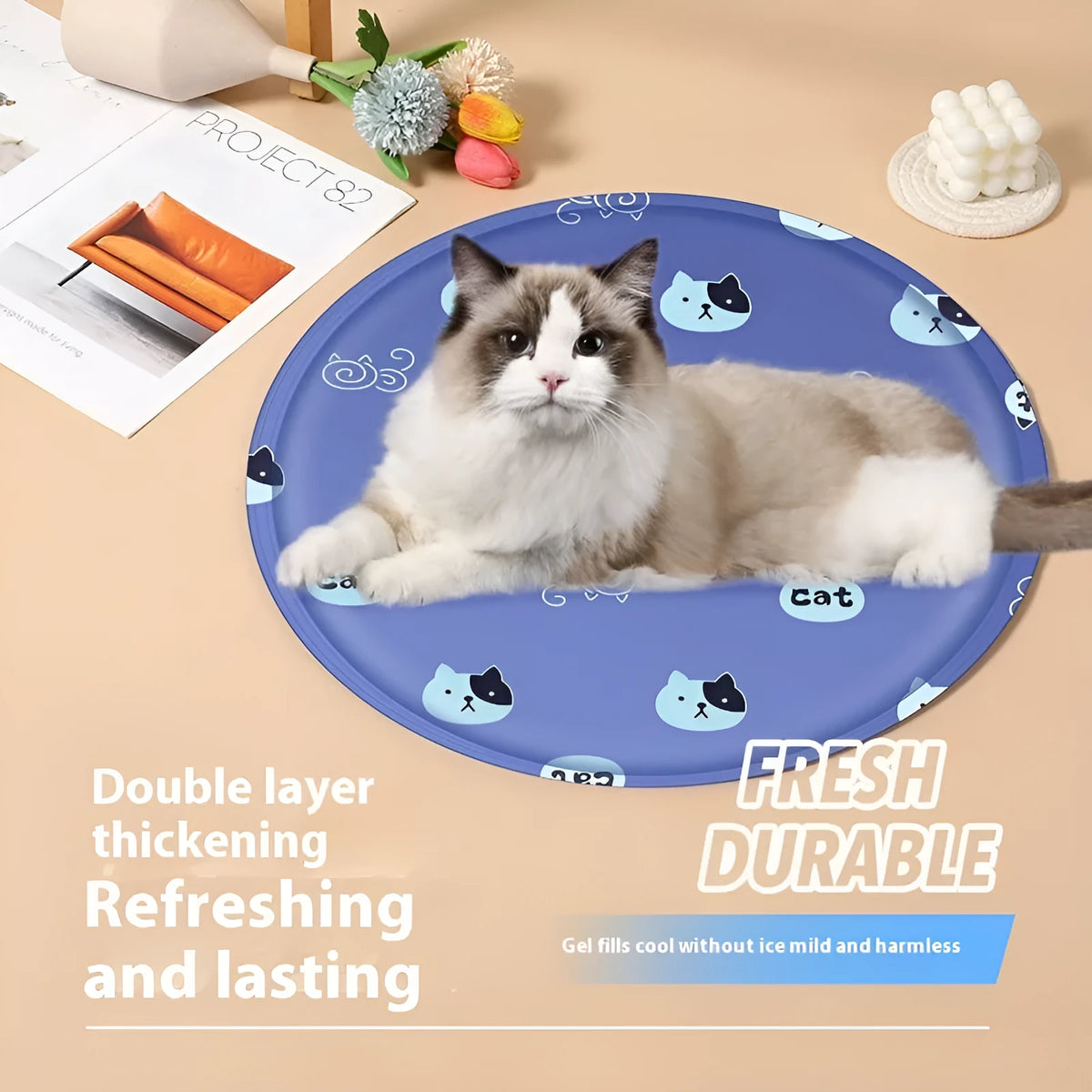 Round pet cooling mat with cartoon dog design showing cloth fabric and circular shape