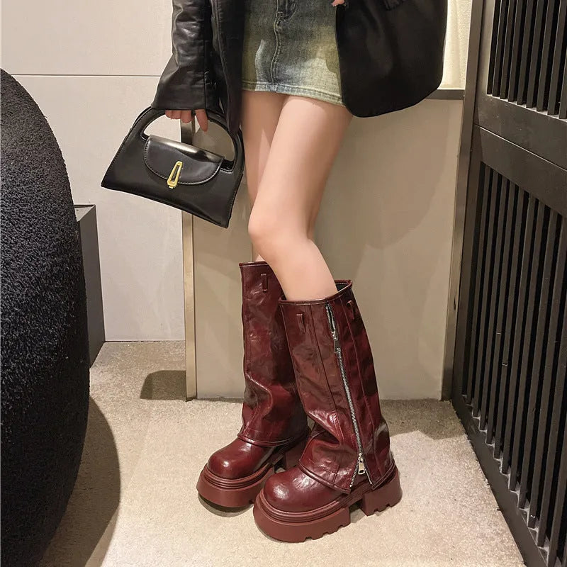 Platform muffin pants Martin boots with square heels and high cylinder design in black, brown, or wine red