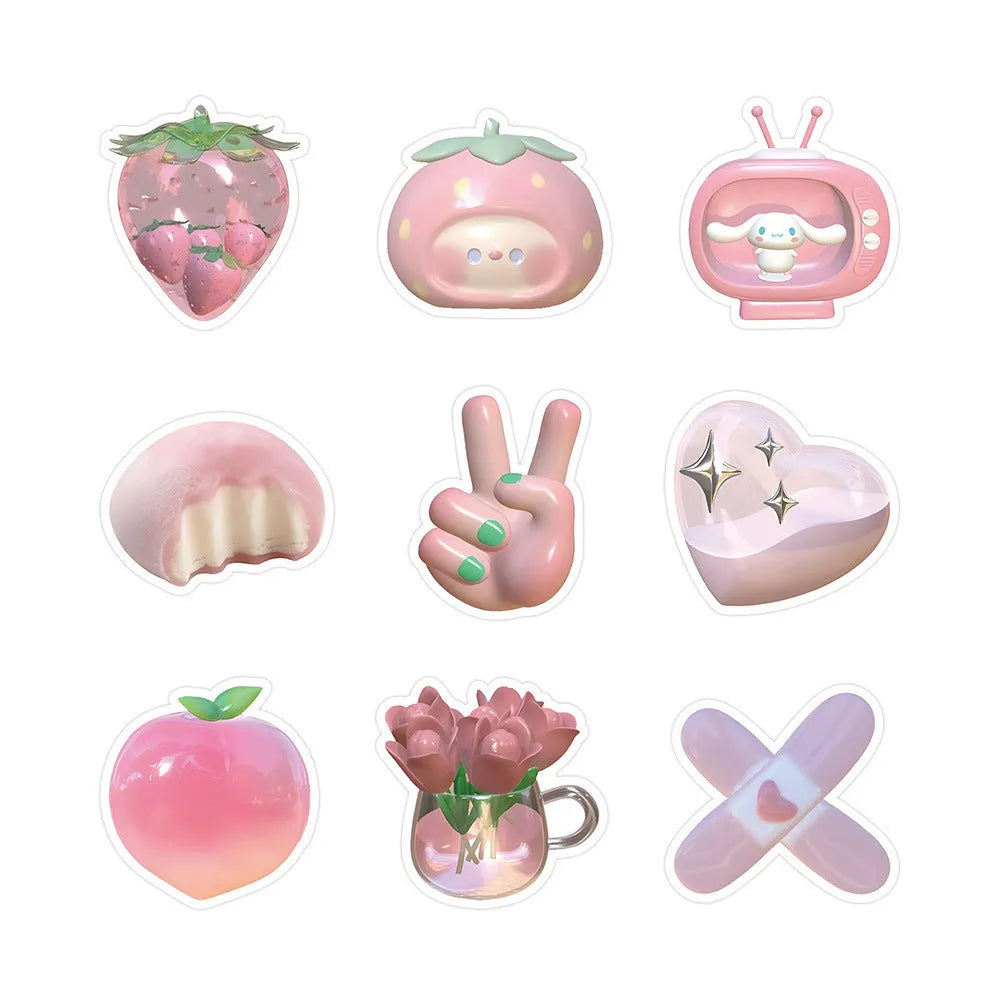 Pink girl heart 3D decorative stickers in two pattern variations, 63 pieces per pack
