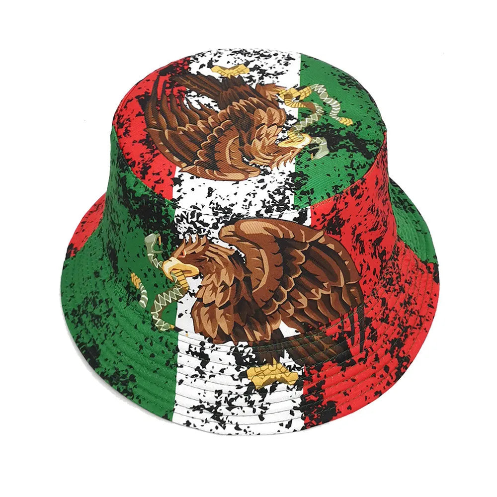 Eagle pattern polyester bucket hat with dome crown in retro style