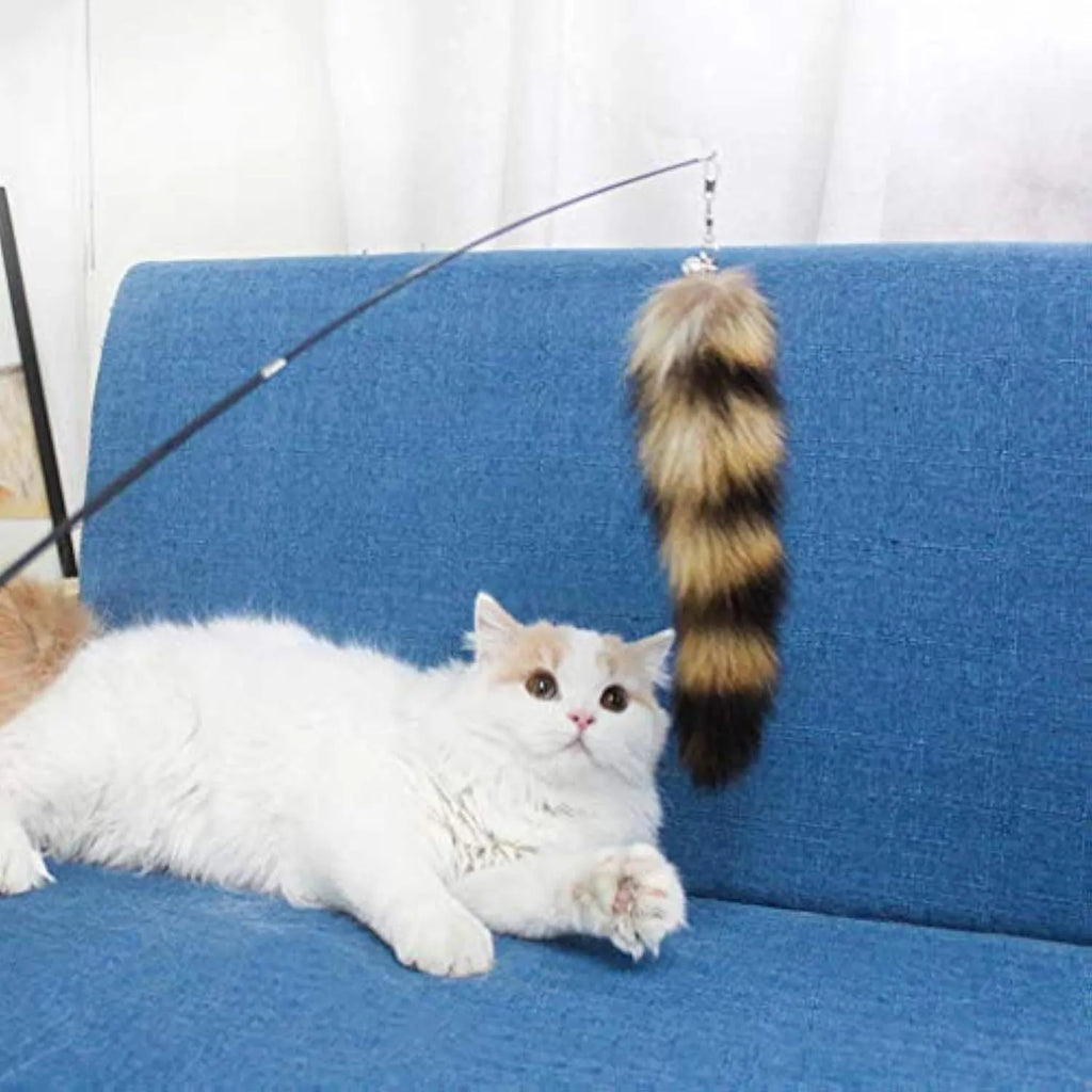 Black cat toy wand with long elastic string for interactive feline play and exercise