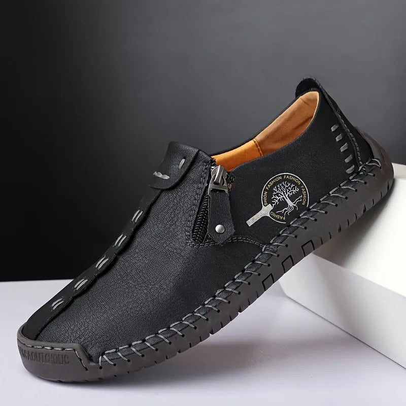 Women's cross edge side zipper shoes handmade leather look in black colour