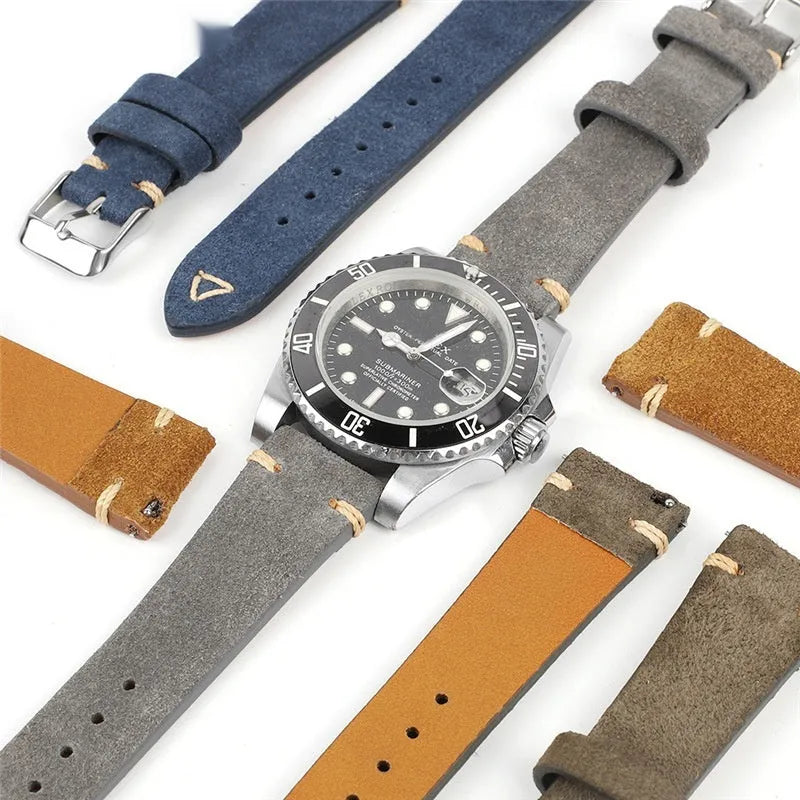 Small waist suede genuine leather watch strap showing four colour options: brown, blue, grey, and army green