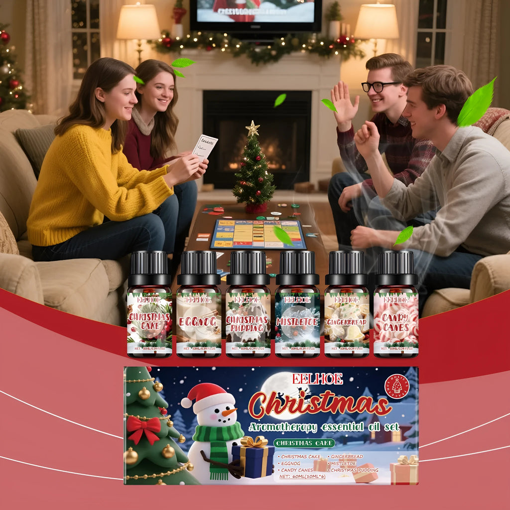 Christmas aromatherapy oil set showing six 60ml bottles with droppers for festive home fragrance
