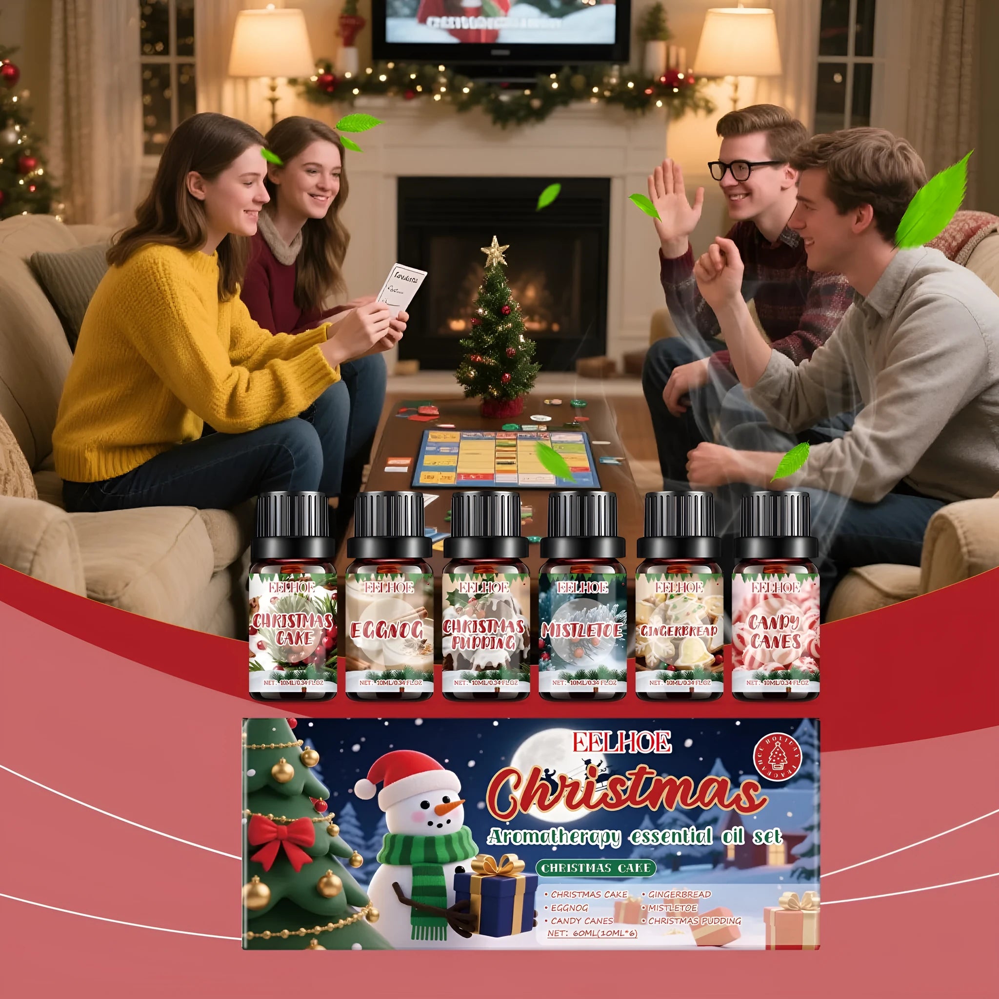 Christmas aromatherapy oil set showing six 60ml bottles with droppers for festive home fragrance