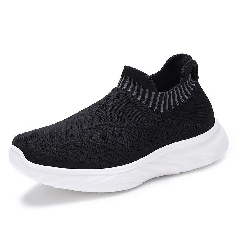 Women striped flat sneakers lightweight breathable slip on shoes PU outsole Black