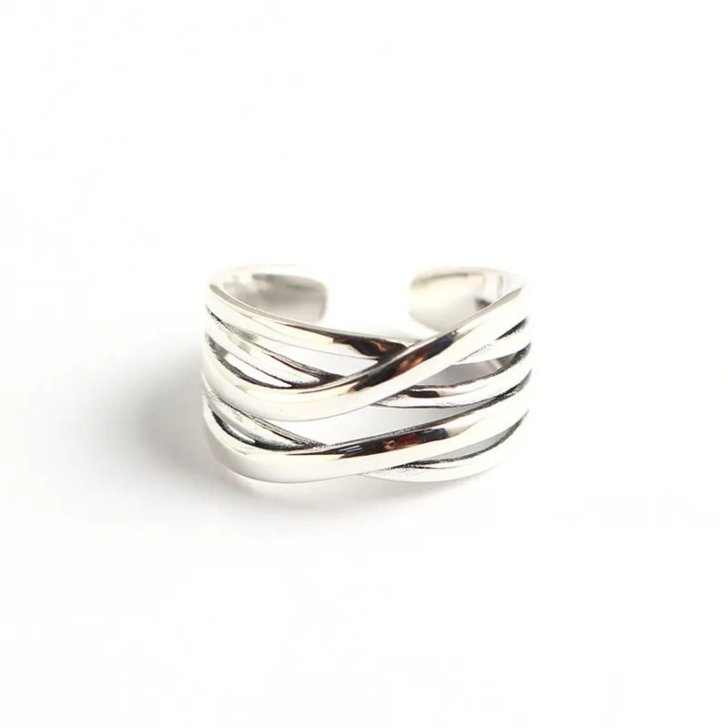 S925 sterling silver vintage weave ring for women with open design and retro silver finish