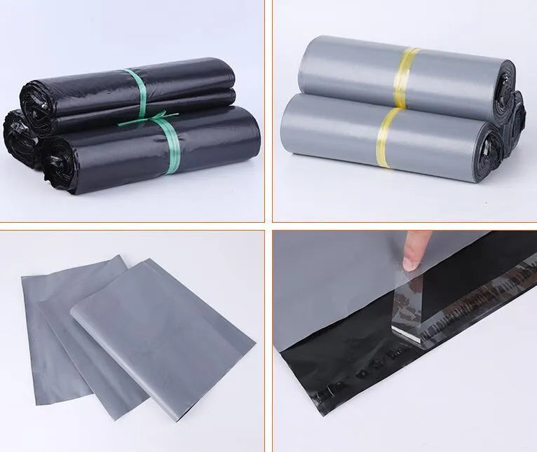 A bundle of 100 clear PE courier bags with self-adhesive sealing stickers in various sizes.