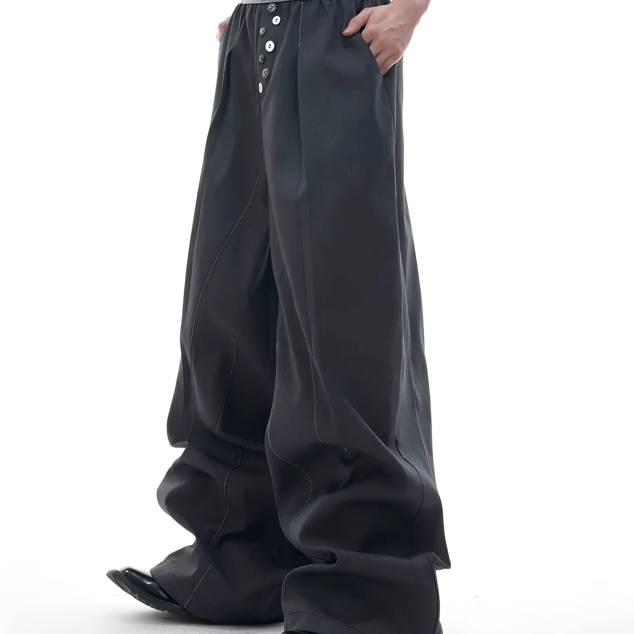 Straight-leg suit pants with button detail on leg in black or grey colour
