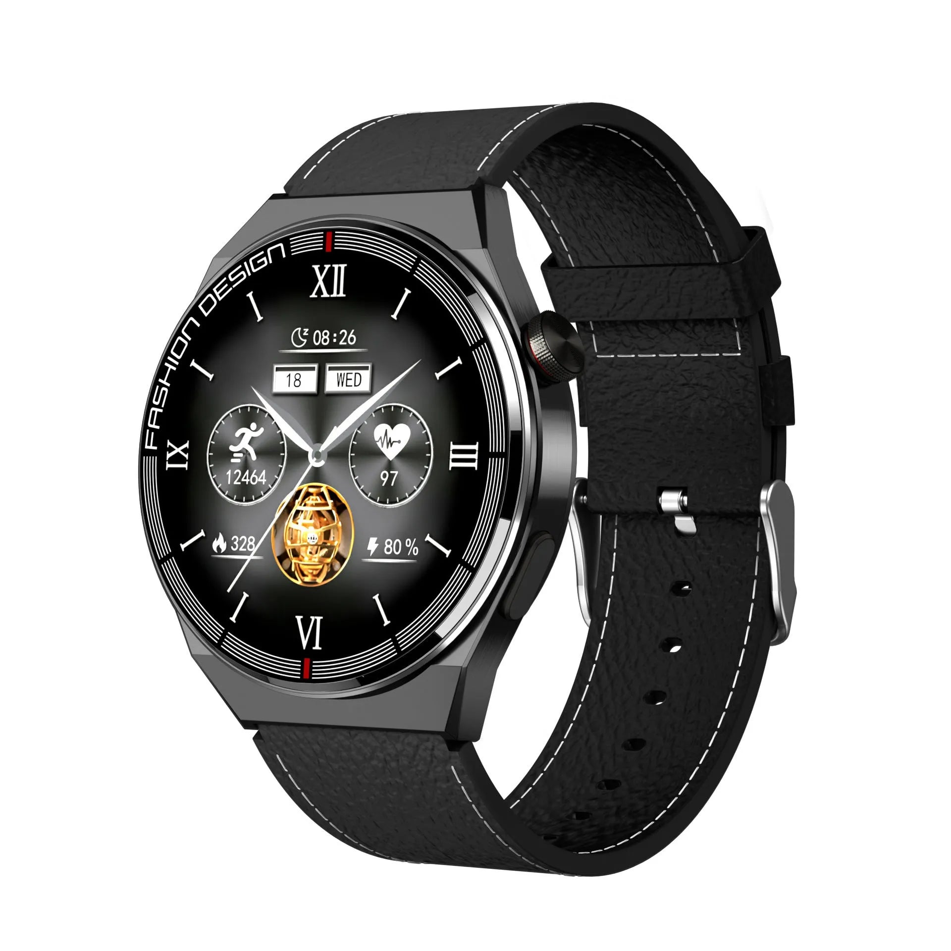 Black Bluetooth smartwatch with heart rate monitor on a silicone strap, showing its 1.28-inch touch screen.
