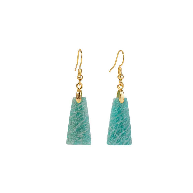 Amazonite rough stone trapezoid earrings with geometric design in gold and silver tone settings