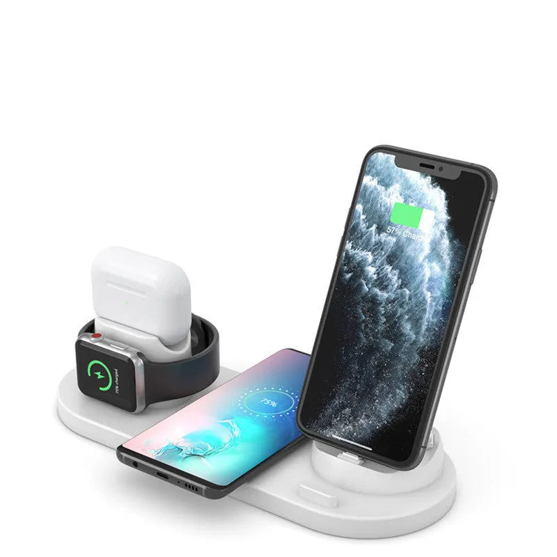 Black and white 6-in-1 wireless charging station for mobile phones, AirPods, and iWatch with USB cable