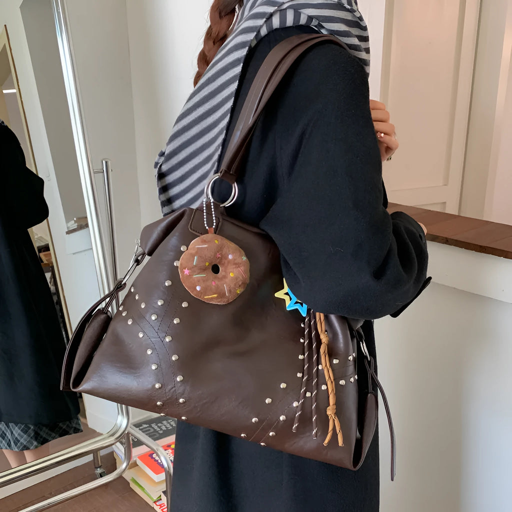 Fengtuote underarm bag in brown, soft PU leather, horizontal square shape with rivets and double shoulder straps