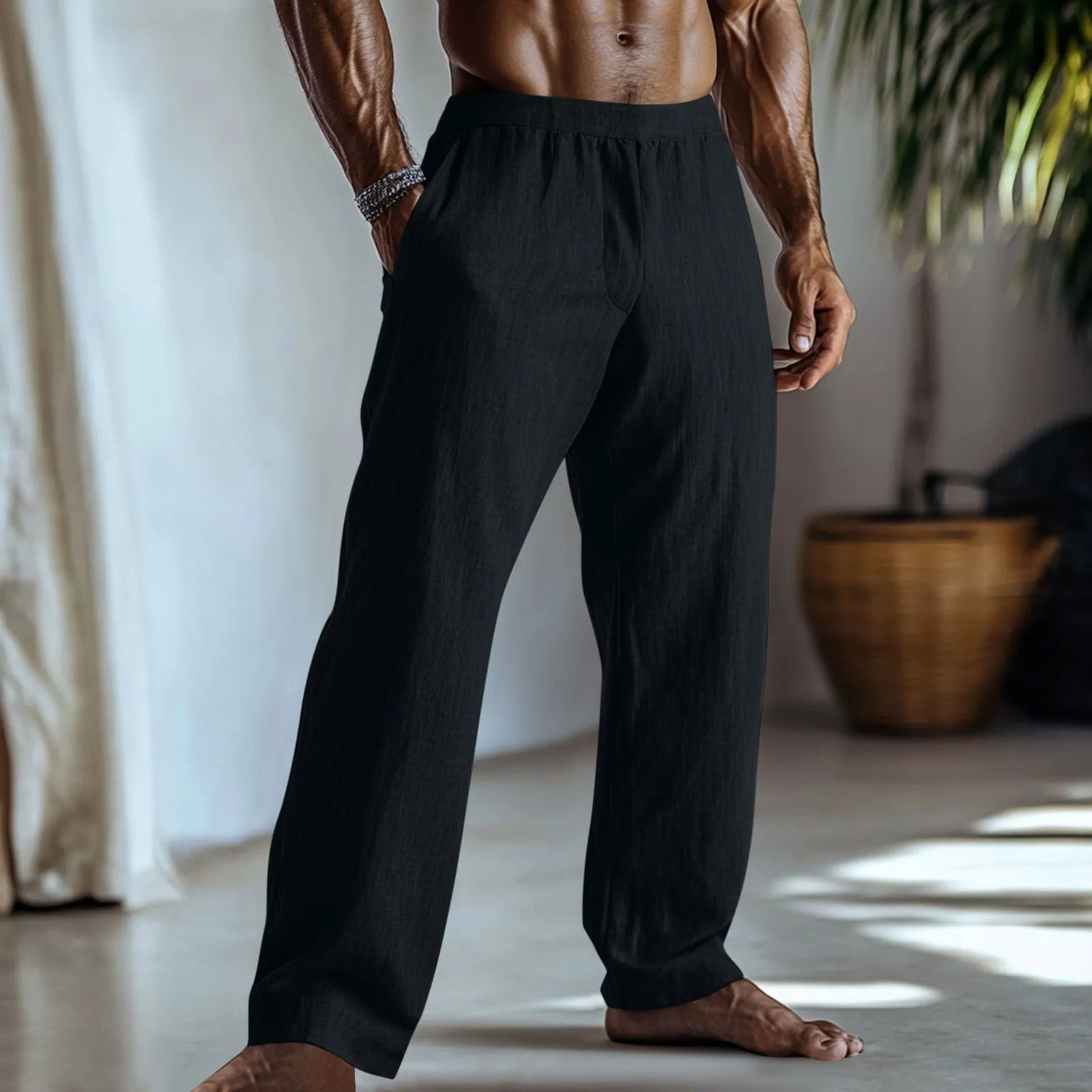 Straight-leg cotton and linen casual trousers in a light green colour, shown with visible pockets.