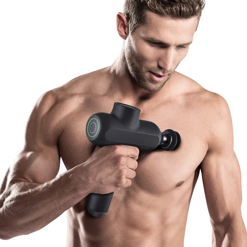Handheld muscle massager with six removable heads in black, white, or red colours
