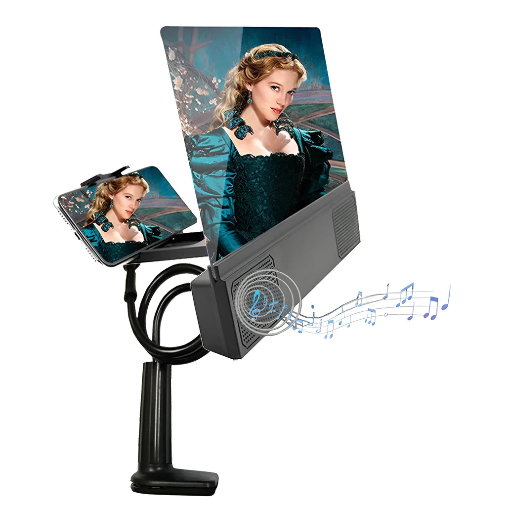 12-inch mobile phone screen amplifier with flexible gooseneck stand and integrated speakers